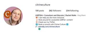 A screenshot of an Instagram profile that includes pronouns.